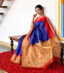 Dark Blue Handloom Soft Silk Saree With Mango Buttas & Red Border-SO4056