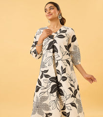 White Kurta With Black Floral Print