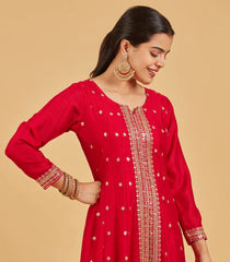 Bright Red Anarkali Set With Lime Green Dupatta