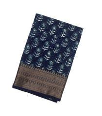 Midnight Blue Woven Chanderi Cotton Saree With Printed Floral Motifs