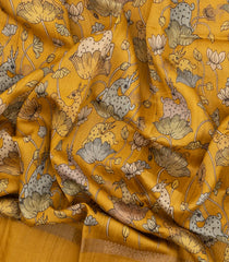 Mustard Handloom Tussar Silk Saree With Printed Deer Motifs-TU3218
