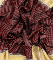Maroon Handloom Korvai Kanchipuram Silk Saree With Checks & Cream Border-KA12470