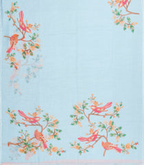 Turquoise Printed Synthetic Linen Saree With Bird Motifs-SY0172