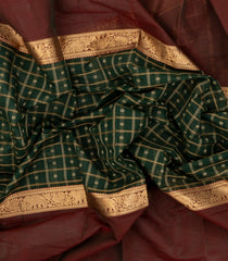 Bottle Green Handloom Muppagam Kanchi Cotton Saree With Checks & Contrast Border-KC1646