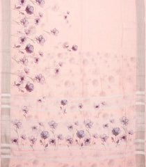 Baby Pink Handloom Linen Saree With Printed Blue Floral Motifs