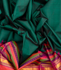 Dark Green Handloom Korvai Kanchipuram Silk Saree With Stripes & Contrast Border-KA13376