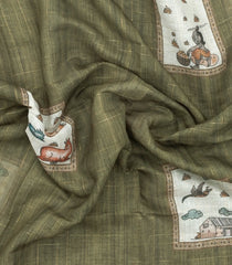 Sage Green Printed Art Linen Saree With Zari Checks-BL6069