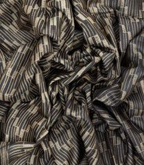 Black Handloom Tussar Silk Saree With Printed Stripes Motifs & Madhubani Pallu-TU2807