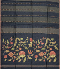 Dark Grey Printed Tussar Silk Saree With Stripes & Printed Pallu-TU3651