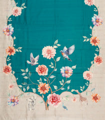 Cyan Printed Art Dupion Saree With Bird Motifs-BL6141