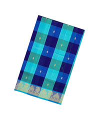 Blue & Turquoise Handloom Silk Cotton Saree With Checks & Zari Buttas-SC4609