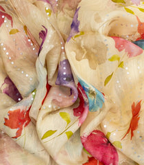 Sandal Handloom Tussar Silk Saree Printed With Floral Motifs