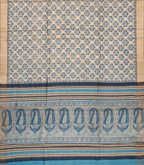 Cream Handloom Printed Tussar Silk Saree With Blue Floral Motifs-Cream