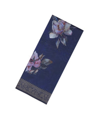 Midnight Blue Printed Synthetic Tussar With Contrast Zari Border-SY0297