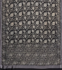 Black Printed Chanderi Cotton Saree With Floral Motifs & Sequin Work-CC1427