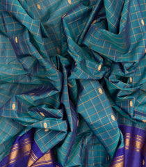 Blue Handloom Gadwal Silk Cotton Saree With Checks & Contrast Border-GA0253