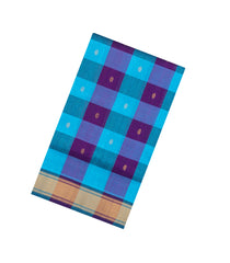 Purple & Turquoise Handloom Silk Cotton Saree With Checks & Zari Buttas-SC4620
