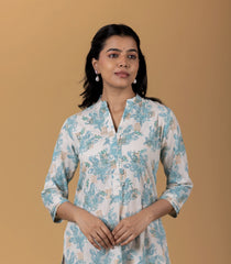 Off-White and Teal Blue Printed Casual Kurta-KR0853