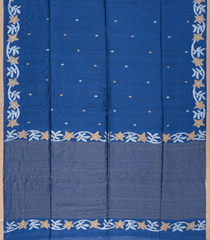 Indigo Handloom Tussar Linen Saree With Floral Motifs-TU3014