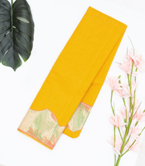 Mustard Handloom Plain Kanchipuram Silk Saree With Abstract Motifs In Border