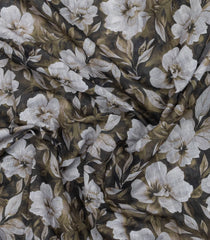 Dark Grey Printed Synthetic Linen Saree With Floral Motifs-SY0211