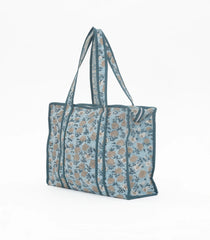 Light Blue Bagru Printed Handmade Cotton Quilted Tote Bag With Zipper-ACS1043