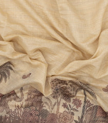 Cream Printed Synthetic Linen Saree with Jhalar-BL5335