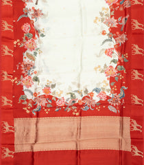 Off White Handloom Tussar Saree With Printed Floral Motifs In Border-TU3045