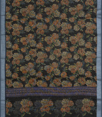 Black Woven Art Linen Saree With Printed Floral Motifs and  Blue border-BL4678