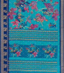 Turquoise Printed Synthetics Dola with Zari Stripes & Contrast Border-BL5149