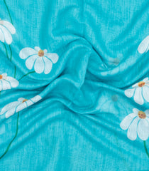 Turquoise Printed Synthetic Linen Saree With Floral Motifs-SY0055