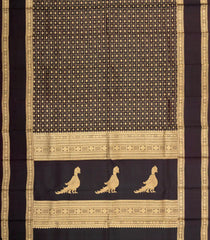 Black Handloom Kanchipuram Silk Saree With Checks & Buttas-KA15661
