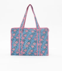 Light Blue Bagru Printed Handmade Cotton Quilted Tote Bag With Zipper-ACS1047