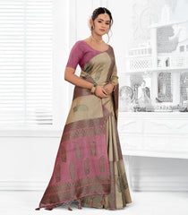 Beige & Pink Woven Synthetic Dupion Saree With Floral Motifs-SY0520
