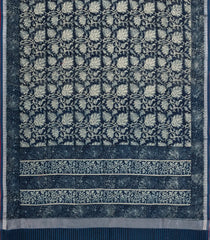 Steel Blue Printed Chanderi Cotton Saree With Floral Motifs & Sequin Work-CC1428