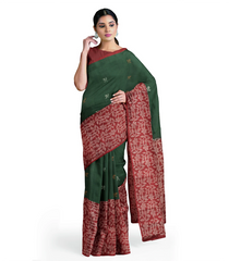 Bottle Green Handloom Soft Silk Saree With Floral Motifs & Maroon Border-Bottle Green