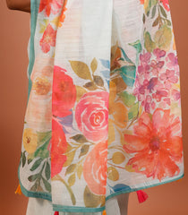 White Printed Synthetic Linen Saree With Floral Motifs & Contrast Border-SY0493