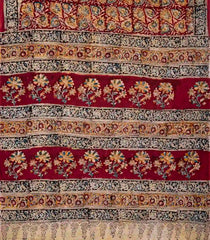 Burgundy Woven Kalamkari Cotton Saree With Printed Floral Vine Motifs