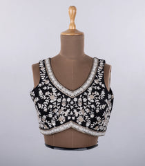 Black Embroidered Blended Raw Silk Readymade Sleeveless Blouse RB5196