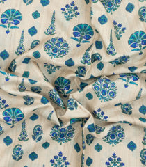 Taupe Printed Tussar Silk Saree With Cyan Floral Motifs & Contrast Border-TU3789