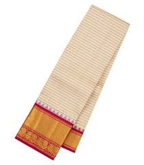 Cream Handloom Korvai Kanchipuram Silk Saree With Stripes & Contrast Border-KA16780