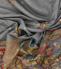 Grey Woven Art Chanderi Saree With Printed Goddess Motifs-BL4468