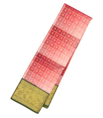 Peach Handloom Korvai Natural Dyed Silk Saree With Gradient Checks & Japanese Wave Border  - KA12631