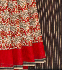 Beige Handwoven Printed Tussar Silk Saree With Bird Motifs and Contrast Red Border-Beige