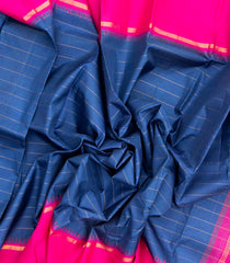 Blue Handloom Korvai Kanchipuram Silk Saree With Checks & Temple Border-KA13299