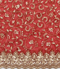 Red Woven Net Saree With Embroidered Floral Motifs-EN1876
