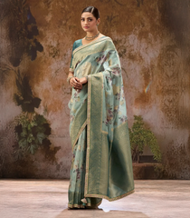 Turquoise Woven Blended Organza Saree With Printed Floral Motifs & Zircon Work-BL4540