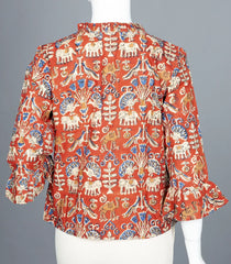 Rust Red Kalamkari Print Ruffled-Neck Top with Tie-Up-RB5239