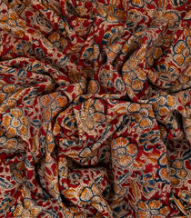 Crimson Woven Kalamkari Cotton Saree With Printed Floral Motifs