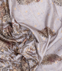 Off White Printed Synthetic Dupion Saree With Zari Stripes & Border-SY0228
